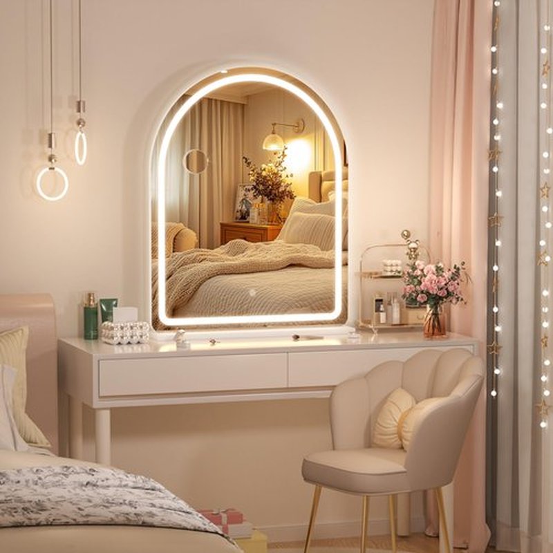 Hasipu Vanity Mirror with Lights, 20"× 24" Arched LED Makeup Mirror, Lighted Desktop Makeup Mirror with Lights, Smart Touch Control Dimmable 3 Modes Light White