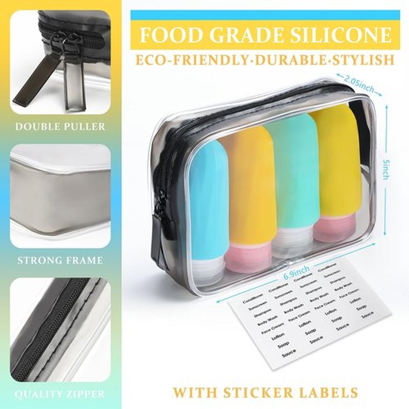 Portable Silicone Travel Bottles Set for Toiletries, 4 Pack TSA Approved Travel Size Containers with Toiletry Bag, 3oz Leak Proof Refillable Liquid Travel Accessories for Shampoo Conditioner…