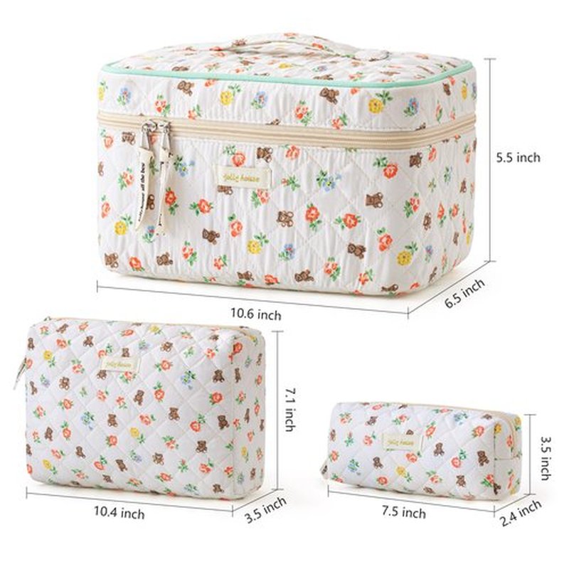HBselect Quilted Makeup Bag, 3PCS Cotton Large Travel Makeup Bag, Cute Floral Coquette Make up Bag Cosmetic Bag Toiletry Bag for Women Girls