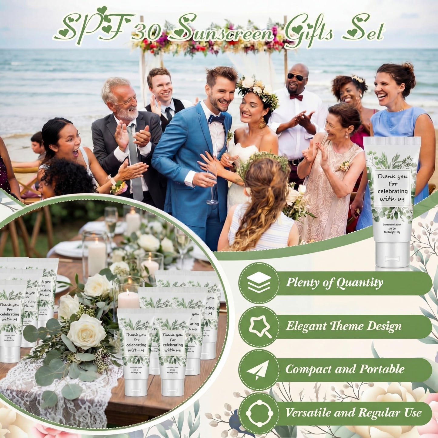 Dansib 48 Pcs Travel Size Mini Sunscreen Bulk for Summer Vacation Spf 30 Water Resistant Sunscreen Lotion Sunblock for Thank You Gifts Hawaiian Wedding Pool Party Favor (Leaf)