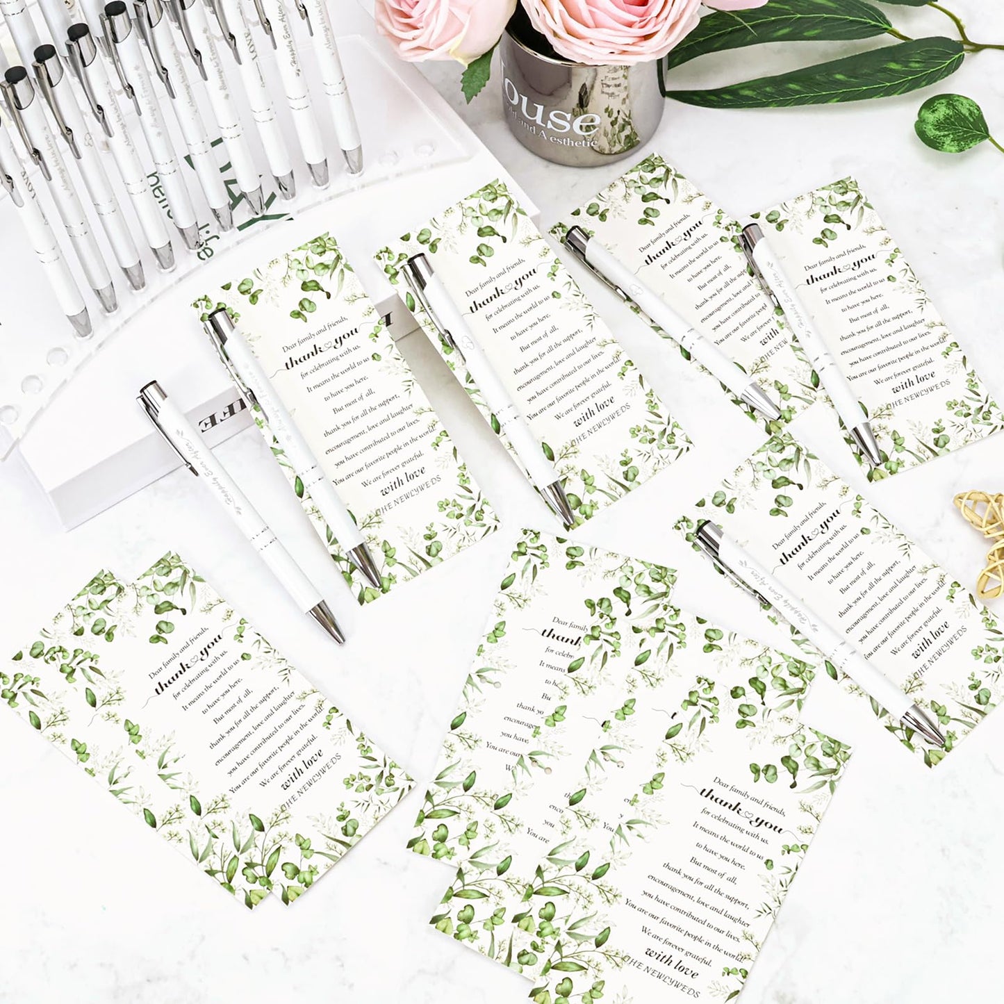 YOXIFUFA 30 Sets Bridal Shower Pens Gifts Wedding Favors for Guests Bulk Includes Retractable Ballpoint Pen with Greeting Thank You Cards for Guest Wedding Souvenirs Party Supplies