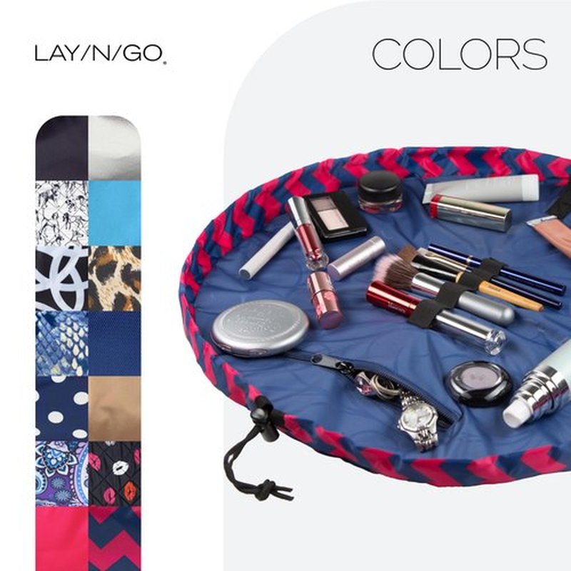 Lay-n-Go Cosmo Drawstring Cosmetic & Makeup Bag Organizer - Portable Drawstring Makeup Bag w/Zipper Pocket, Makeup Loops & More - Durable, Machine Washable Makeup Bag for Travel (20”, Pink Chevron)