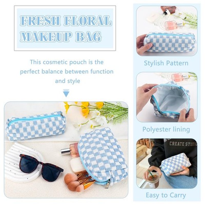 ZLFSRQ 2Pcs Checkered Makeup Bag for Women Pencil Pouch Travel Small Cosmetic Bag Set Cute Makeup Pouch Purse Pencil Case Pencil Bag Zippered Toiletry Bag Organizer Preppy Trendy Storage Bag(Blue)