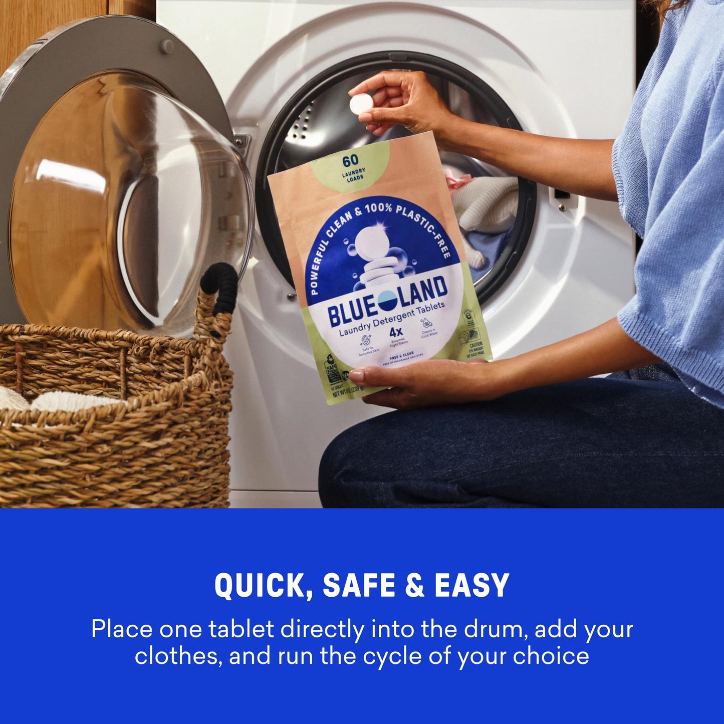 BLUELAND Laundry Detergent Tablets, Starter Set, 60 Count with Tin, Plastic-Free Eco-Friendly, Fragrance Free and Clear, Safe for Sensitive Skin, No Harsh Chemicals, Lifts Tough Stains and Odors