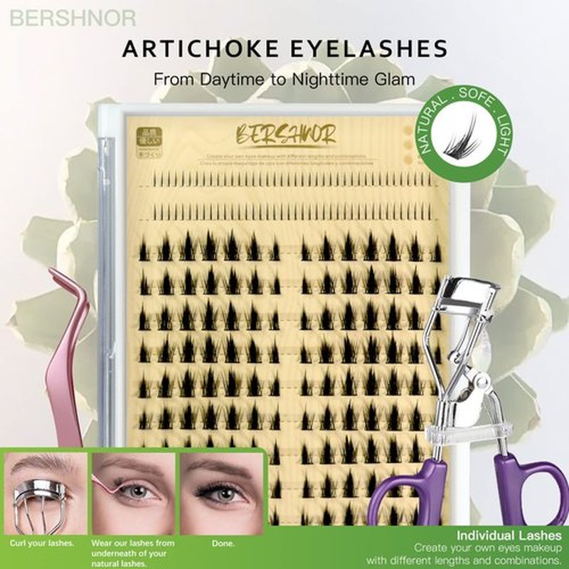 Bershnor Individual Lashes, Natural Asian Manga Eyelash Clusters and Bottom Lashes For Home DIY, Include Lash Curler and Tweezer