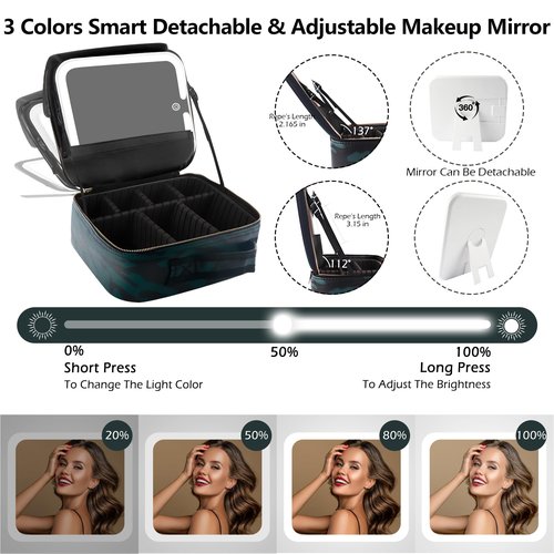 MOMIRA Makeup Train Case Makeup Bag with Light up Mirror Cosmetic Bag Organizer Detachable Portable Travel Makeup Case with Adjustable Dividers Makeup Brushes Storage, Waterproof,Zebra-Green