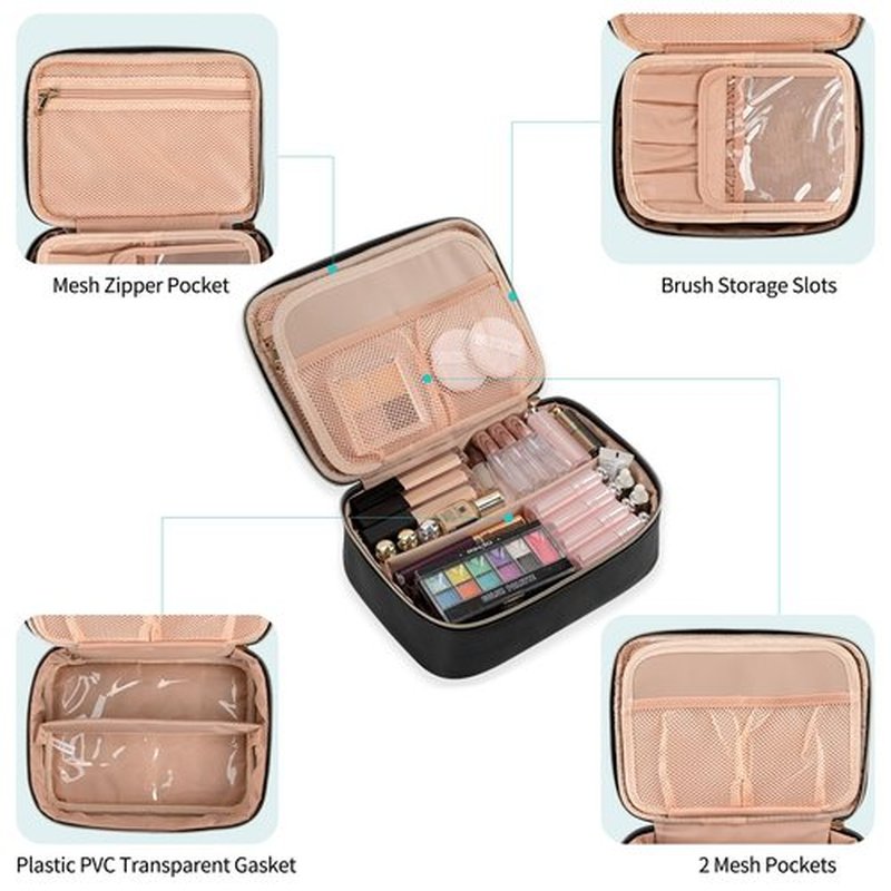 OCHEAL Makeup Bag, Potable Make up Bag Cute Makeup Organizer Bag for Toiletry Cosmetics Accessories with Divider and Brushes Compartments, Makeup Travel Case Cosmetic Bags Women and Girls- Black