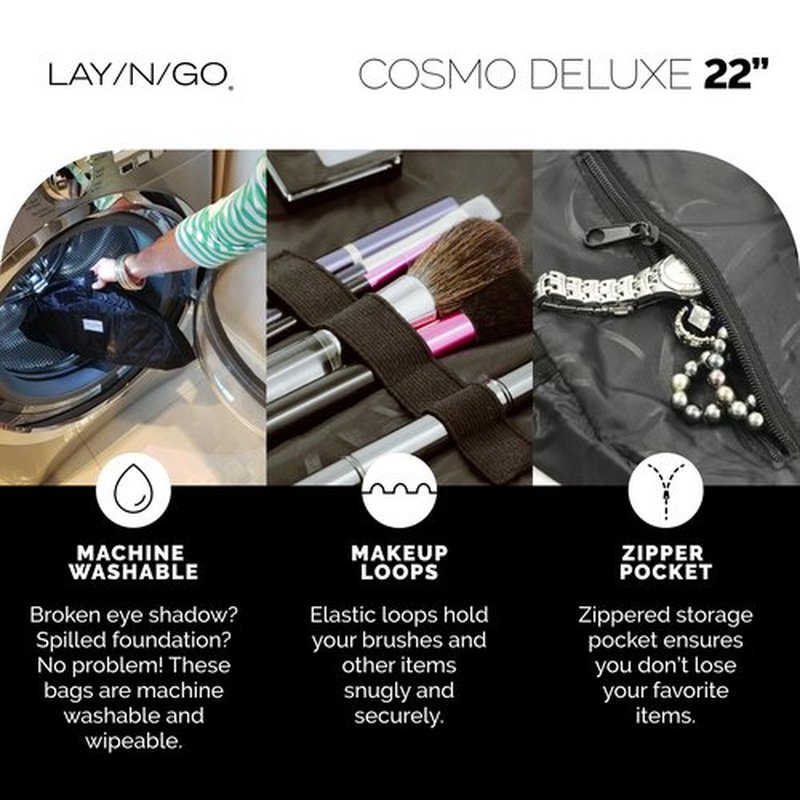 Lay-n-Go Cosmo Drawstring Cosmetic & Makeup Bag Organizer - Portable Drawstring Makeup Bag w/Zipper Pocket, Makeup Loops & More - Durable, Machine Washable Makeup Bag for Travel (22”, Black)