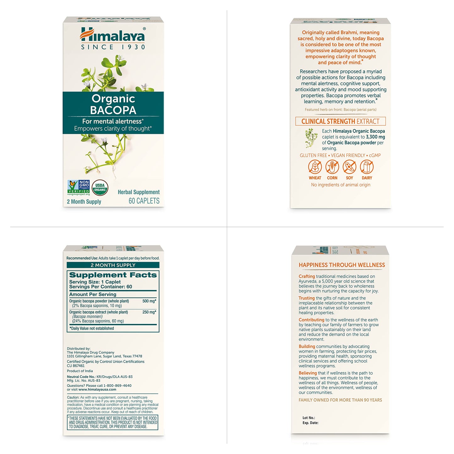 Himalaya USDA Organic Bacopa Monnieri Nootropic Herbal Supplement,Brahmi,Bacopa Supplements, Bacopa Extract,Mental Alertness, Supports Calm,Memory,Cognition,Non-GMO,750 mg, 60 Plant-Based Caplets