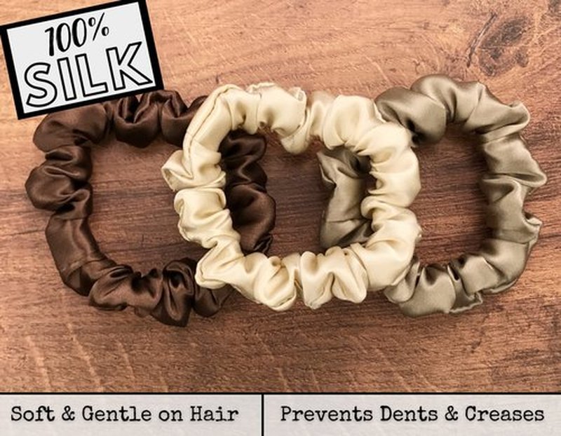 Celestial Silk Mulberry Silk Scrunchies for Hair (Small, Taupe, Dark Taupe, Chocolate)