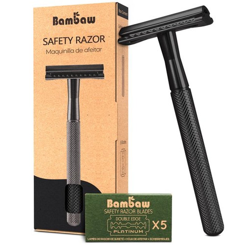 Bambaw Safety Razor for Men with 5 Double Edge Safety Razor Blades, Double Edge Safety Razor, Metal Razor Zero Waste – Black