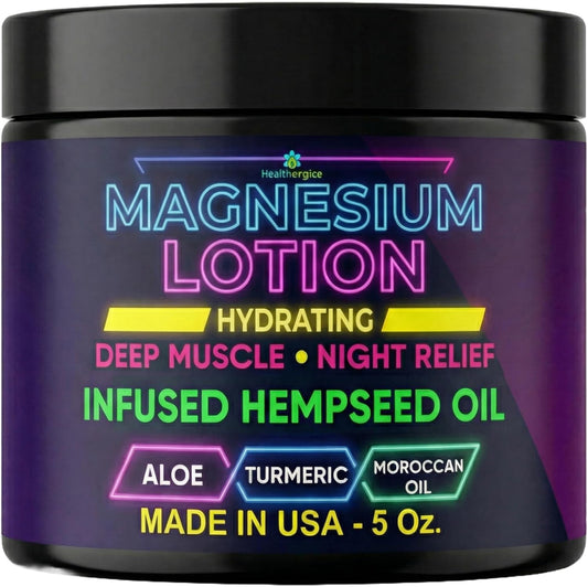 Magnesium Lotion for Sleep & Sore Muscles | Hemp, Turmeric & Moroccan Oil - 5 Oz Made in USA