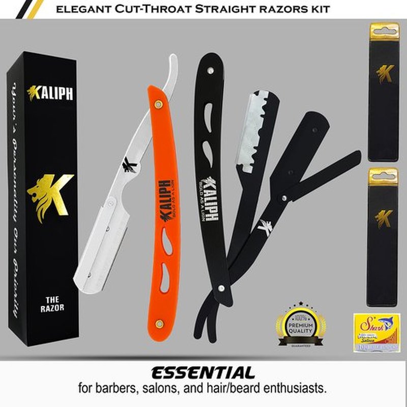 Kaliph Professional Barber Straight Razor For Men - Premium Pack of 2Pcs Shavette Straight Razor With 100 Shaving Blades - Salon Quality Men's Manual Cut Throat Razor For Close Shaving (Black & Orange