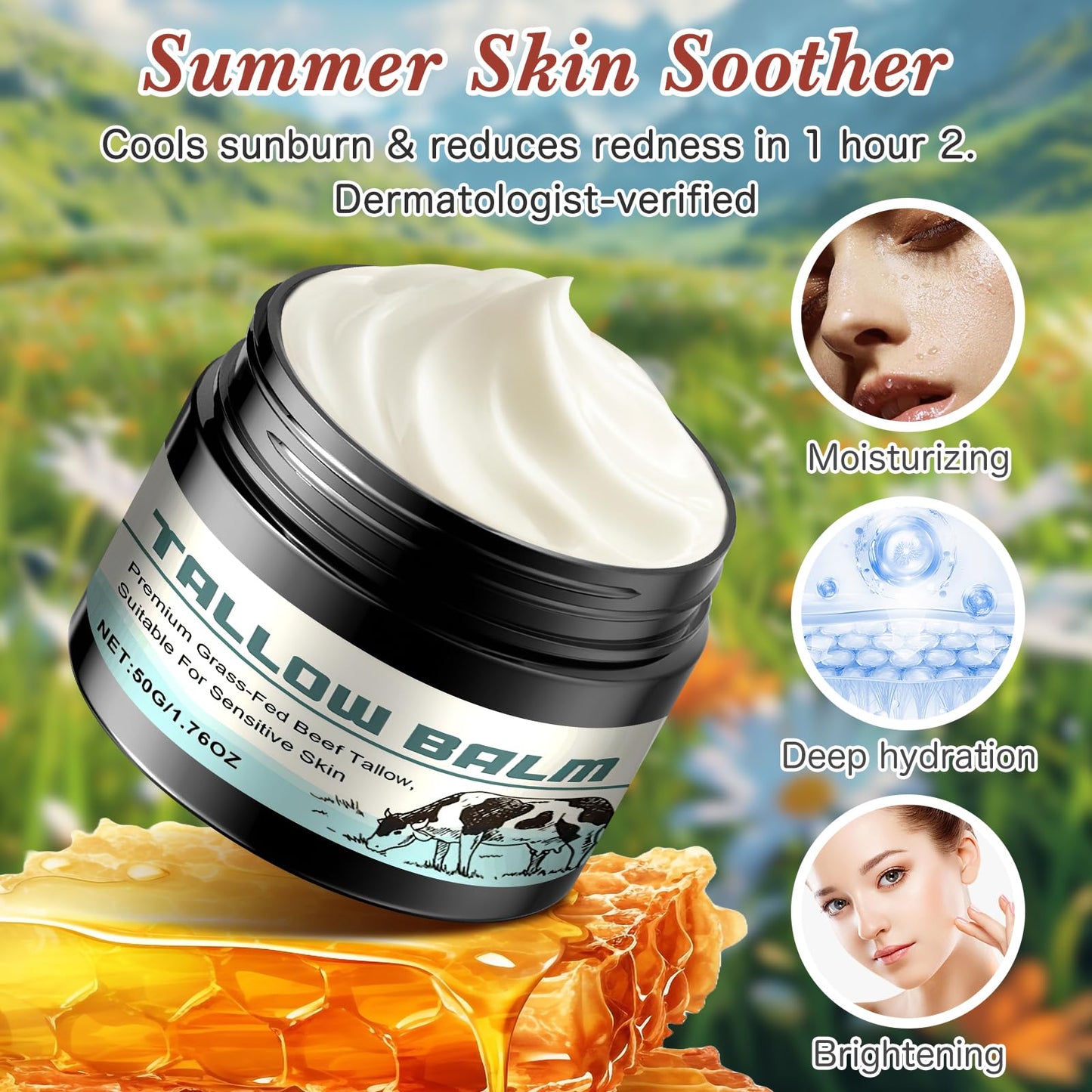 GDBadais Beef Tallow for Skin Grass Fed Tallow and Honey Balm Honey Balm Grass Fed Tallow Face Moisturizer for Sensitive Skin Anti-Aging & Dry Skin - Ancestral Skincare (50g)