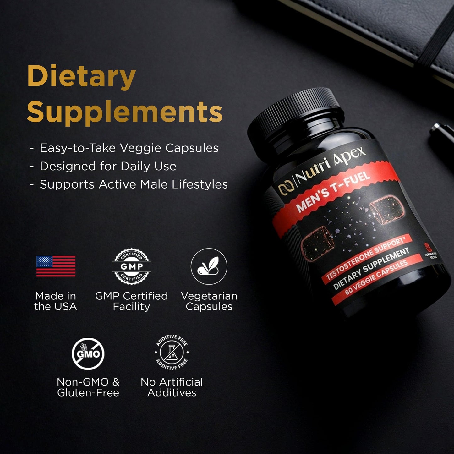 Nutri Apex Testosterone Supplement for Men – Natural Herbal Blend with Fenugreek, Tribulus, Panax Ginseng & DHEA – Supports Energy, Stamina & Healthy T-Levels – 60 Veggie Capsules, Made in USA