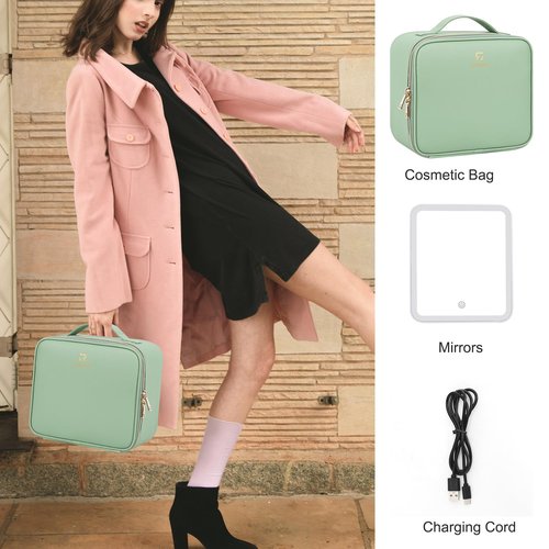 Relavel Makeup Bag With LED Mirror, Travel Makeup Organizer Train Case with 3 Color Lighting Brightness, Rechargeable Cosmetic Vanity Case for Women with Makeup Brush Compartments, Green