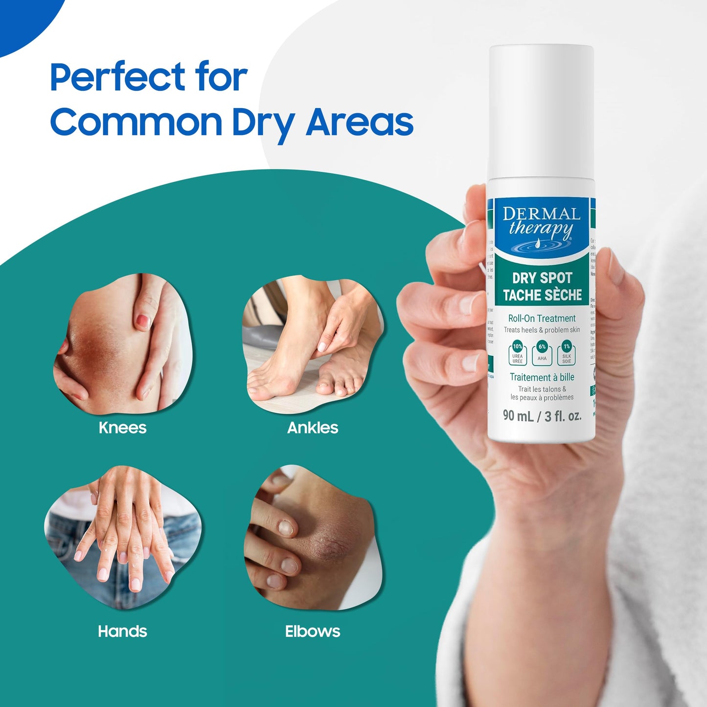 Dermal Therapy Dry Spot Treatment Roll-On with 10% Urea & 6% AHAs – Hydrating & Exfoliating Care for Very Dry Skin on Feet, Heels, Elbows & More – Fragrance-Free, Hands-Free Application