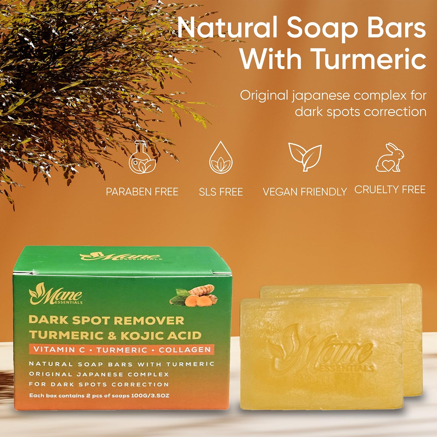 Mane Essentials Turmeric & Kojic Acid Soap Bars for Face and Body, Dark Spot Cleansing Soap with Vitamin C, Collagen & Hyaluronic Acid, 2 Pack