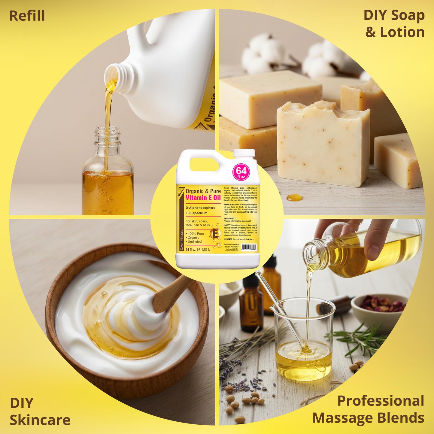 Seven Minerals Ultra Pure Vitamin E Oil - Full-Spectrum D-Alpha Tocopherol,100% Organic Vitamin E Oil for Skin, Face, Hair, and Scars - Naturally Occurring = Not Synthetic - 64 fl oz (Half-Gallon) Jug
