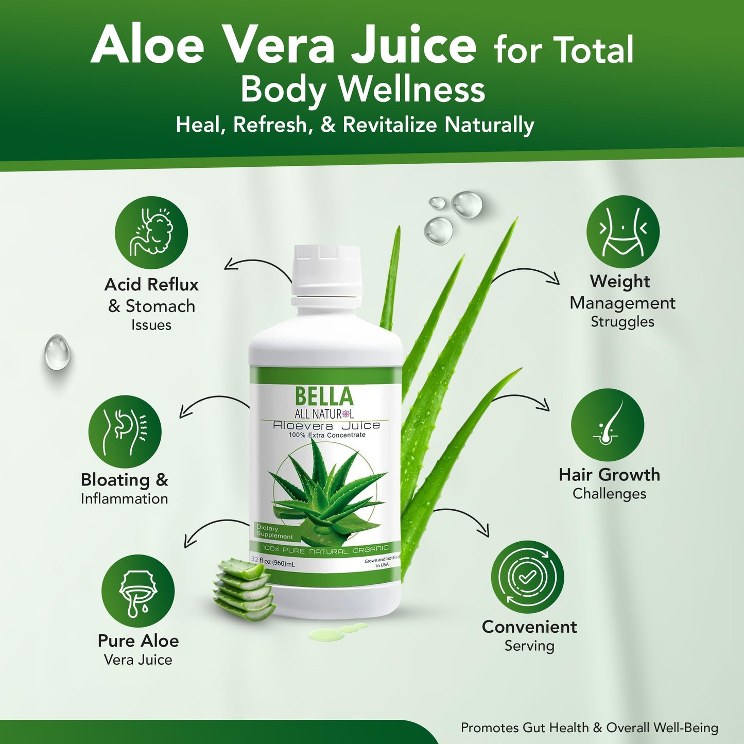 Bella all Natural Aloe Vera Juice 32 Fl Oz - Organic Aloe Vera Juice for Hair Growth, Skin, & Stomach Health - Pure Aloe vera drink for Reducing Digestive Support, & Glowing Skin.