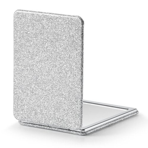 OMIRO Compact Mirror, Glitter PU Leather 1X/3X Magnification, Ultra Portable for Purses, 2.4" W x 3.4" L (Silver)