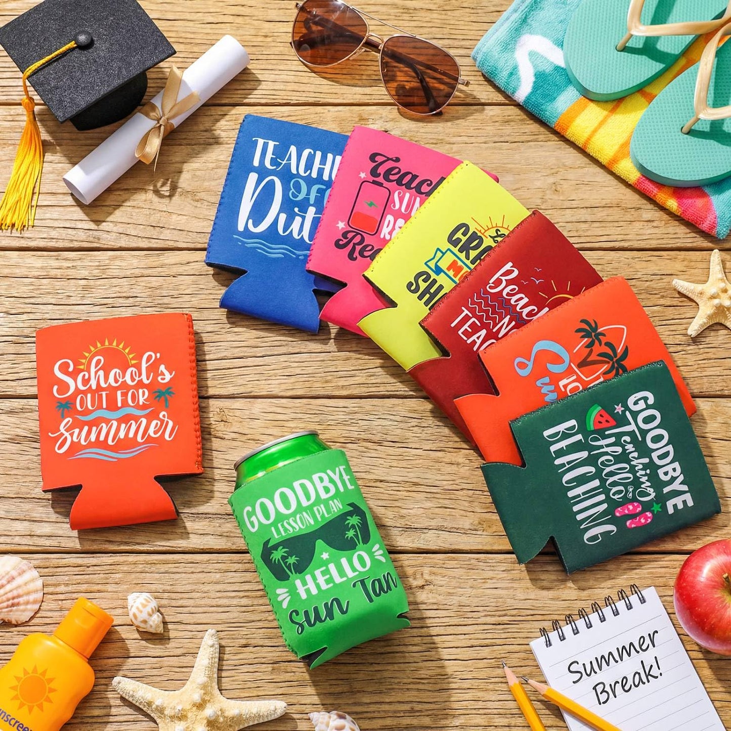 SiliFine 12 Pcs Teacher Appreciation End of Year Gifts for Teacher Summer Can Cooler Sleeves Can Cover Insulated Bulk Thank You Gifts Beach Tropical Summer Hawaiian Party Decorations Supplies Favors