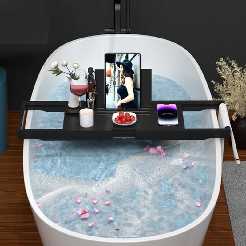 Premium Bathtub Caddy Tray,Expandable Bamboo Bath Tray for Tub,Foldable Minimalist Bathroom Accessories with Book Stand for Home Spa Relaxing,Unique House Warming Gifts,Black