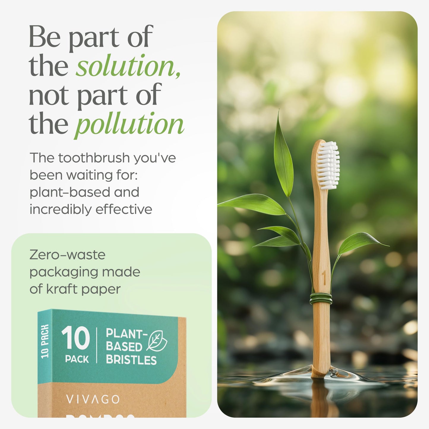 VIVAGO Bamboo Toothbrushes 10 Pack – Natural Toothbrushes, Plant-Based Soft Bristles – Eco-Friendly Wooden Toothbrush