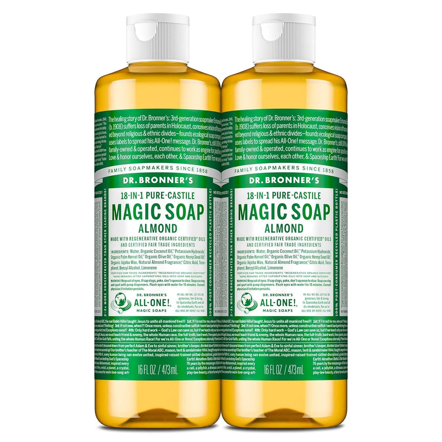 Dr. Bronner's - Pure-Castile Liquid Soap (Almond, 32 ounce) - Made with Organic Oils, 18-in-1 Uses: Face, Body, Hair, Laundry, Pets and Dishes, Concentrated, Vegan, Non-GMO