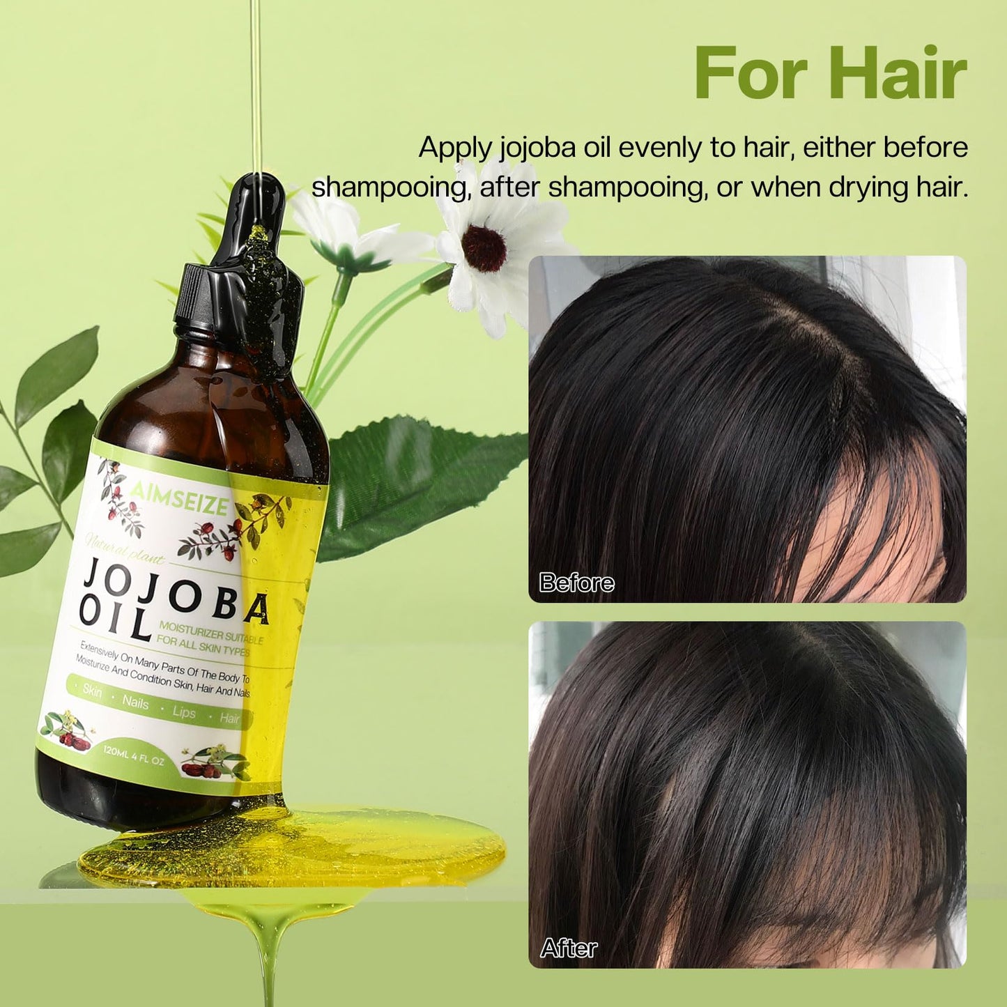 AIMSEIZE Jojoba Oil Organic (4oz), 100% Pure Stimulate Growth for Hair & Eyebrows, Moisturizing Massage Oil for Face, Hair, Skin & Nails