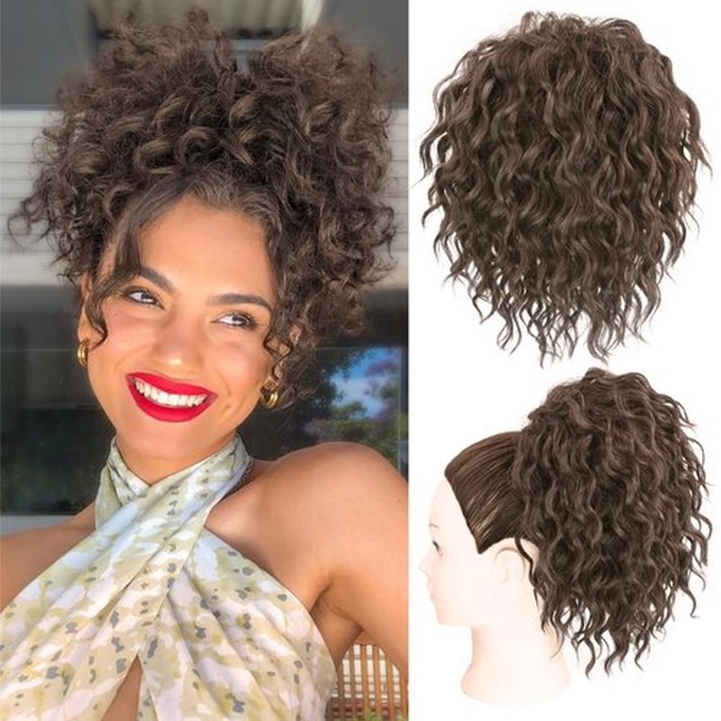 Adancyler Messy Bun Hair Piece Yaki Textured Sweet Loose Wavy Curly Hair Bun Short Drawstring Ponytail Extensions Hair Toppers Synthetic Hairpieces Pony Tails Hair Extensions for Women(Dark Brown)
