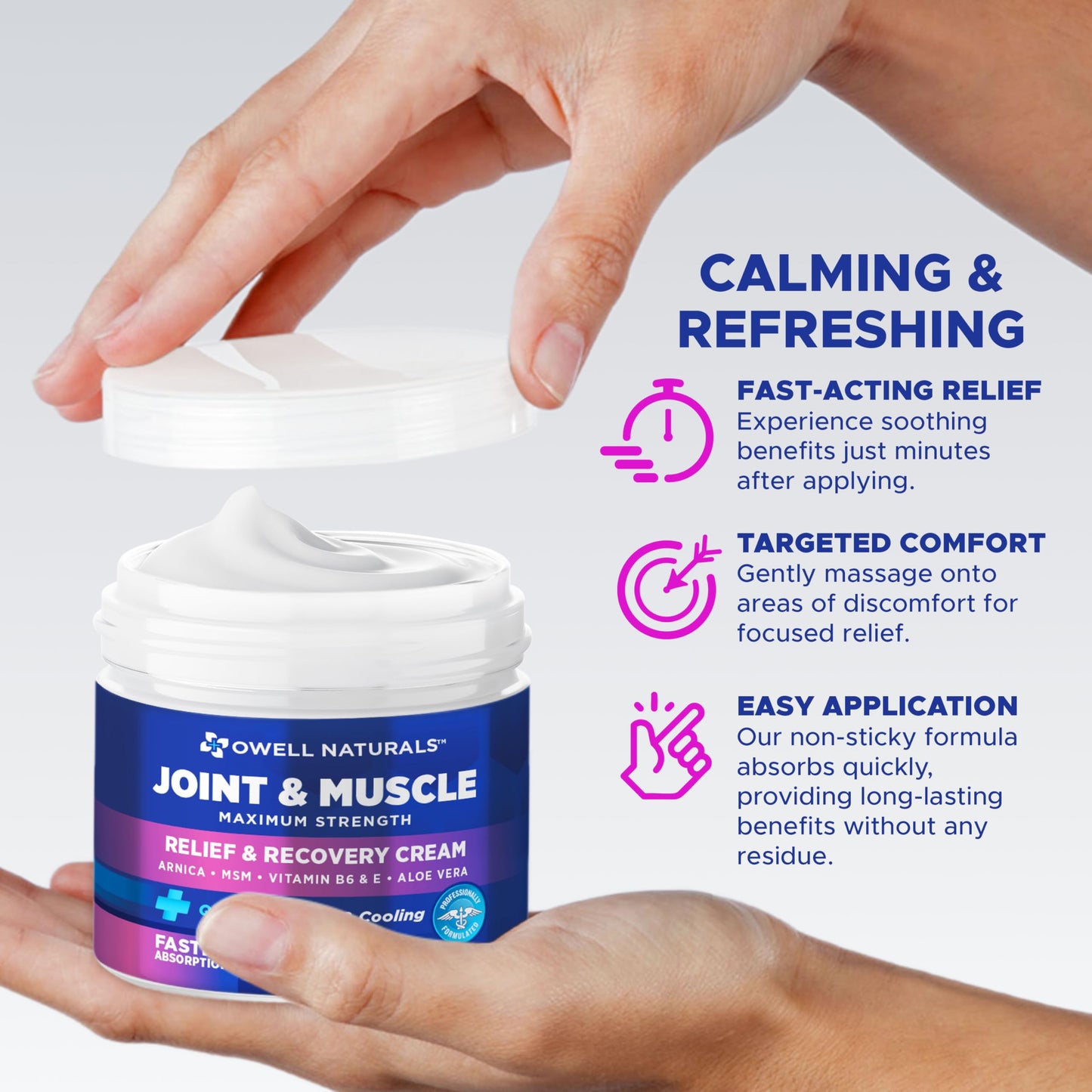 Owell Naturals Joint & Muscle Deep Penetrating Therapy Soothing Comfort Cream, Maximum Strength Relief & Recovery for Lower Back, Neck, Knee, Hands, Feet, Shoulder, 2 Oz