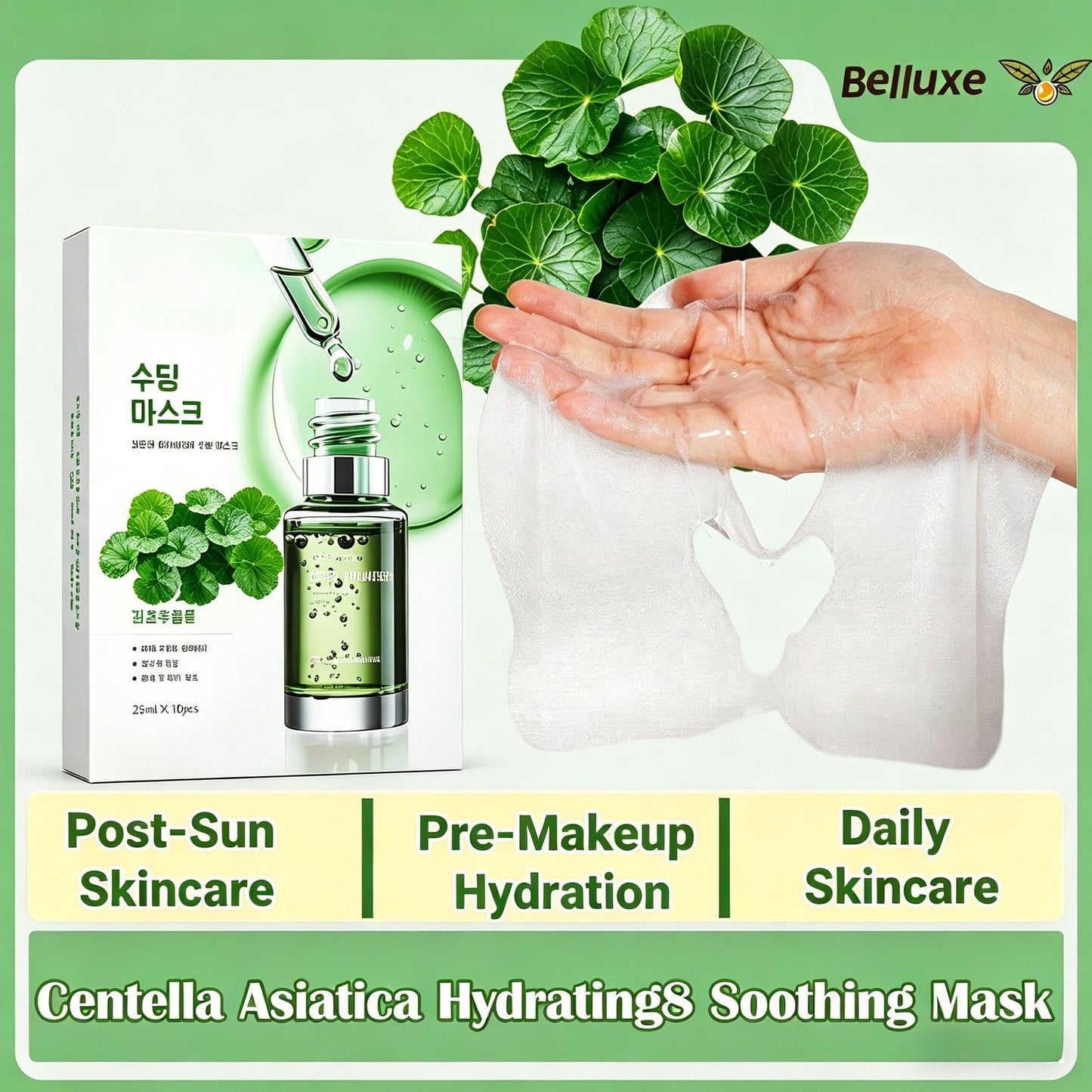Belluxe Centella Asiatica Face Mask – 10 Pack Calming Korean Sheet Masks – Repairing Facial Mask for Redness & Irritated Skin – Soothing Face Mask for Sensitive Skin Care