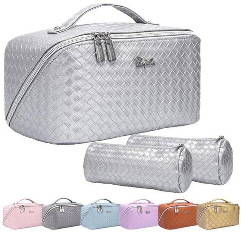 Travel Makeup Bags Cosmetic Organizer Bag: Large Capacity Make up Bag Set of 3 - Vegan Leather Toiletry Bag for Women - Portable Makeup Organizer with Compartments & Handle & Divider (1 Silver)