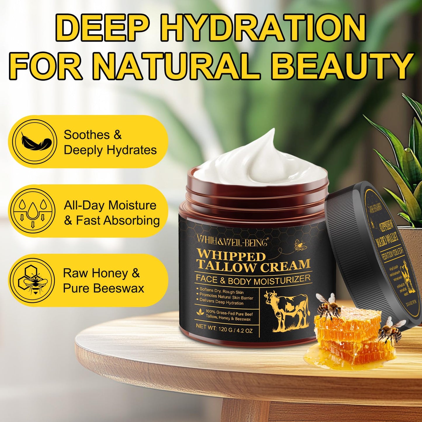 WHLH & WELL-BEING Beef Tallow for Skin, Beef Tallow and Honey Balm, Moisturizer for Face & Body Skin Care(2Pack)