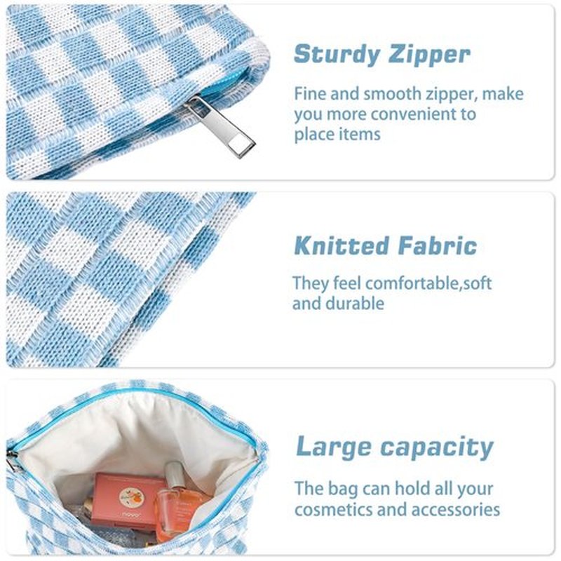 ZLFSRQ 2Pcs Checkered Makeup Bag for Women Large Cosmetic Bag Set Travel Toiletry Bag Makeup Pouch Bag for Purse Blue Zipper Storage Bag Organizer Cute Small Aesthetic Girls Car Essentials Bag