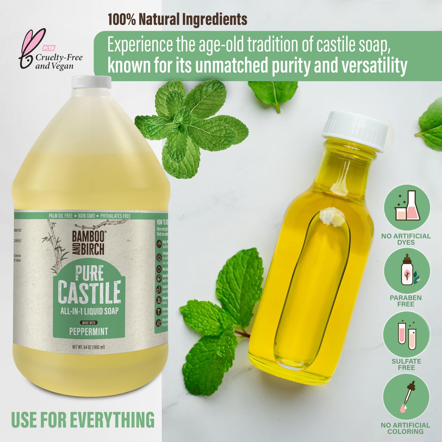 BAMBOO AND BIRCH Pure Castile Soap Liquid, Peppermint, 64 oz