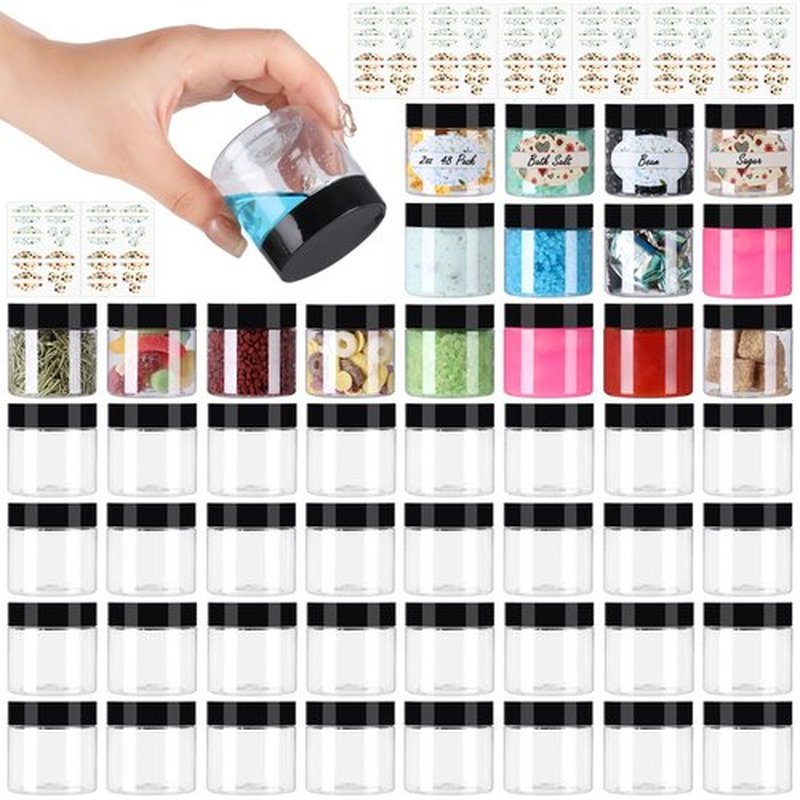 Jaisie.W 2 oz Plastic Jars with Lids 48Pack,Empty Small Plastic Jars with Lids for Storage, Round Clear Plastic Jars with Lids for Cream,Lotion,Powder,Ointment(2fl.oz,set of 48)