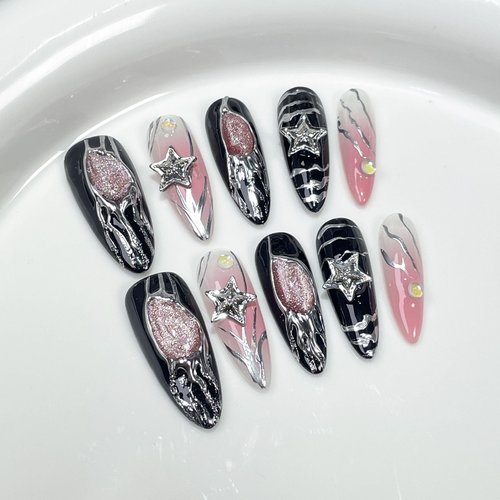 Wsliana Handmade Press On Nails - Y2K Cool Girl Design, Suitable for Women and Girls, Long Almond Shape, 10pcs Glue On Acrylic Fake Nails with Storage Box | Salon Quality | Trendy Nail Kit (072 M)