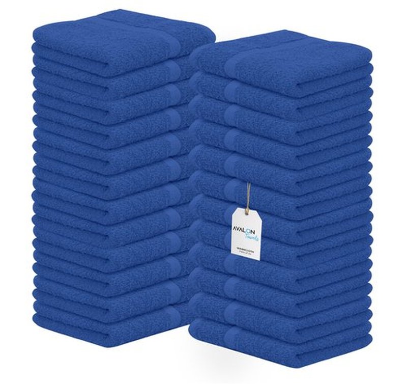 Avalon Towels Cotton Washcloths – (Pack of 24) Size 12x12 Inches, 100% Ring Spun Cotton, Soft & Absorbent Face Towels, Gym Towels, Hotel and Spa Quality, Reusable Fingertip Towels (Blue)