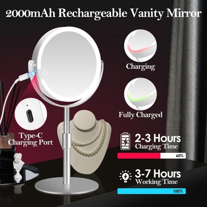 PEDOMIROR 20X Magnifying Mirror with Light, Lighted Make Up Mirror, Rechargeable 2000mAh Led Makeup Mirror, Height & Brightness Adjustable Desk Makeup Mirror, 360°Rotation & Touch Screen (Silvery)