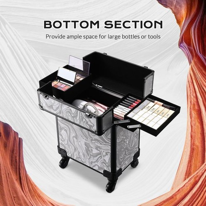 BYOOTIQUE Rolling Makeup Train Case Aluminum Cosmetic Case Portable Makeup Organizer Suitcase with Removable Wheels Cosmetic Trolley Organizer Salon Makeup Artist,CoyoteButtes Graystonee