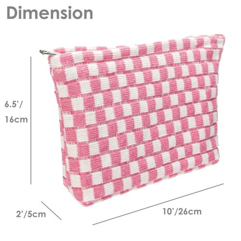 PAZIMIIK Knitted Checkered Makeup Bag Large Zipper Make Up Accessory Pouch for Purse Cosmetic Brush Bag for Travel Essential Pink White