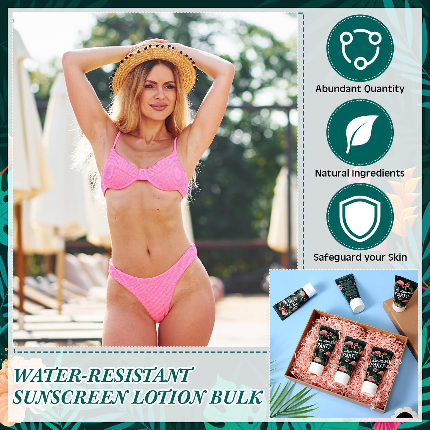 Dansib 12 Pcs Mini Sunscreen Bulk for Summer Party Wedding SPF 30 Water Resistant Sunscreen Lotion Bulk 1oz Travel Size for Thank You Gifts Wedding Supplies (Hawaiian Flamingo Party)