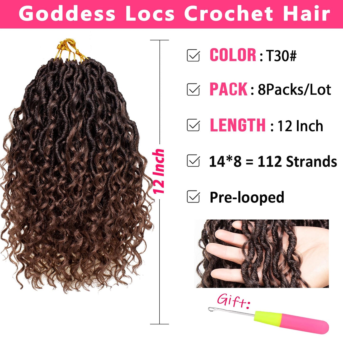 RuiYok Goddess Locs Crochet Hair 12 Inch 8Packs Ombre Faux Locs Crochet Hair with Curly Ends Pre-looped River Locs Crochet Hair Boho Hippie Locs Synthetic Hair Extensions(#T30)
