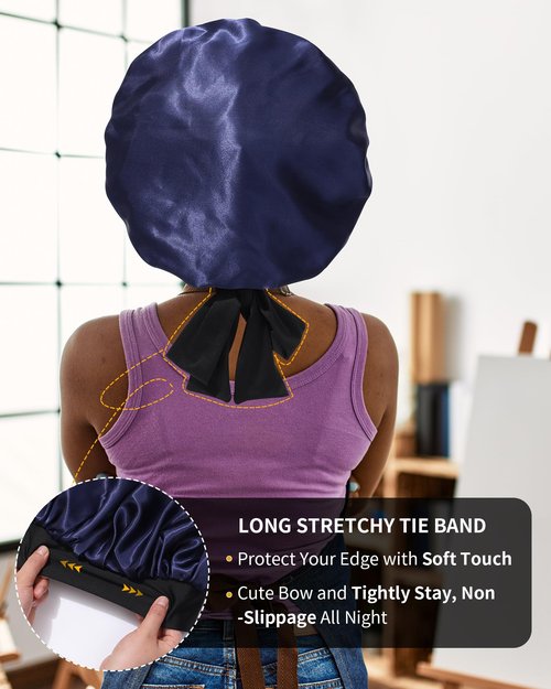 Satin Bonnet for Women Silk Bonnets for Sleeping Curly Hair Bonnet with Elastic Tie Band Reversible Double Layer Sleep Cap Hair Wrap (Black + Dark Blue)