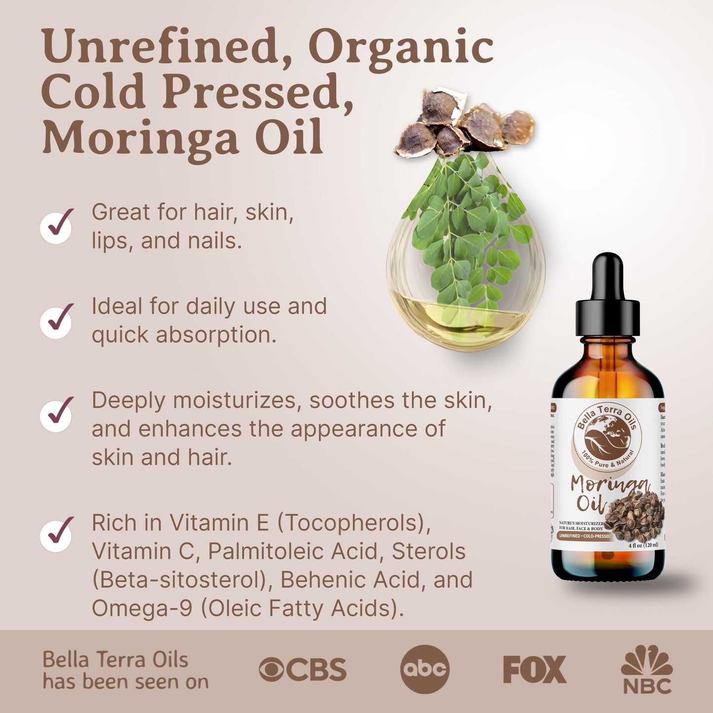 Bella Terra Oils - Natural Moringa Seed Oil 2oz - A Blend of Nature's Best, High in Oleic Acid & Vitamin E, For a Touch of Luxurious Smoothness