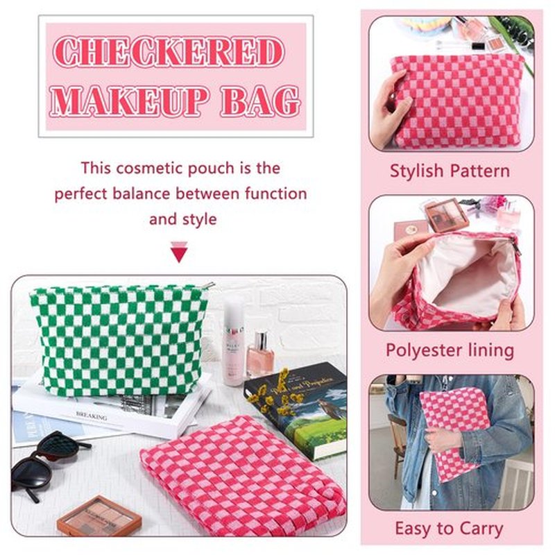 ZLFSRQ 2Pcs Checkered Makeup Bag for Women Large Capacity Cosmetic Bag Set Travel Makeup Pouch for Purse Zipper Toiletry Organizer Cute Y2K Aesthetic Trendy Makeup Brushes Storage Bag(Pink/Green)