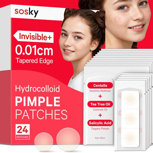 Sosky Pimple Patches - Hydrocolloid Acne Treatment with Salicylic Acid | 24 Count Invisible Zit Stickers