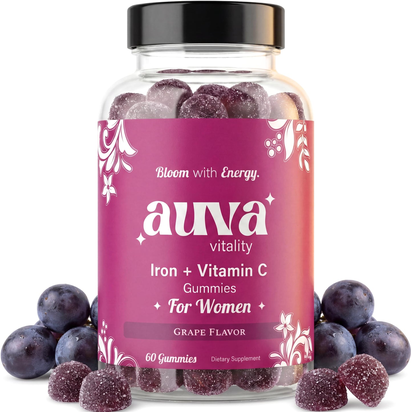 Auva Vitality Iron Gummies for Women — Non-Constipating | Ferrous Fumarate 20mg + Vitamin C | Energy, Anemia & Iron Deficiency Support | Hair Health, Menstrual & Menopause | Grape Flavor, 60 Count